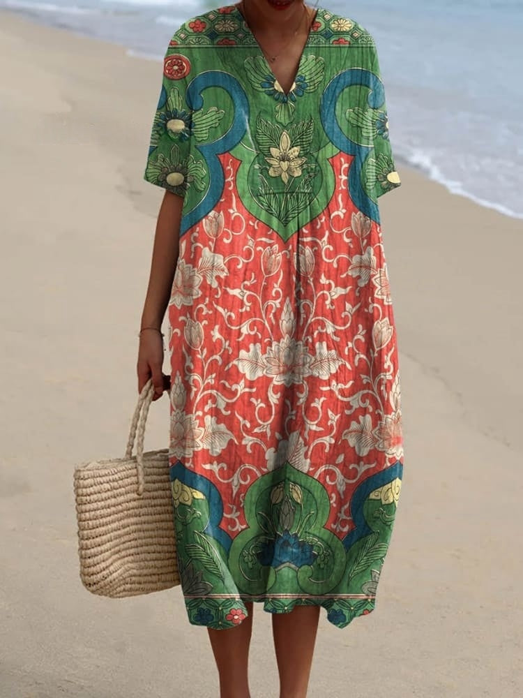 Rétro Boho Floral Imprimé Large Col En V Vintage Lâche Mi-longueur Manches Coton Midi Robe A / S Robes