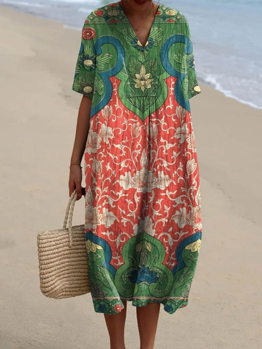 Rétro Boho Floral Imprimé Large Col En V Vintage Lâche Mi-longueur Manches Coton Midi Robe A / S Robes