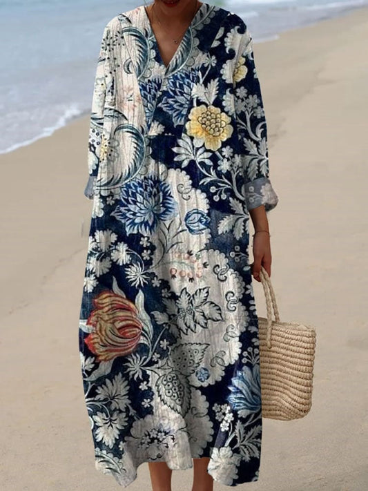 Rétro Boho Floral Imprimé Large Col En V Vintage Lâche Mi-longueur Manches Coton Midi Robe A / S Robes