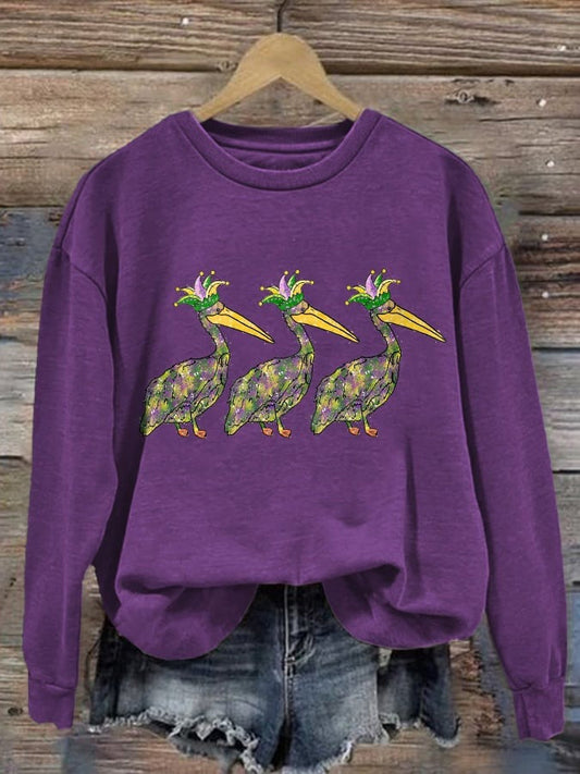 Mardi Gras Pelican Crown Purple Long Sleeve Casual Top Mixed Color / S Mardi Gras