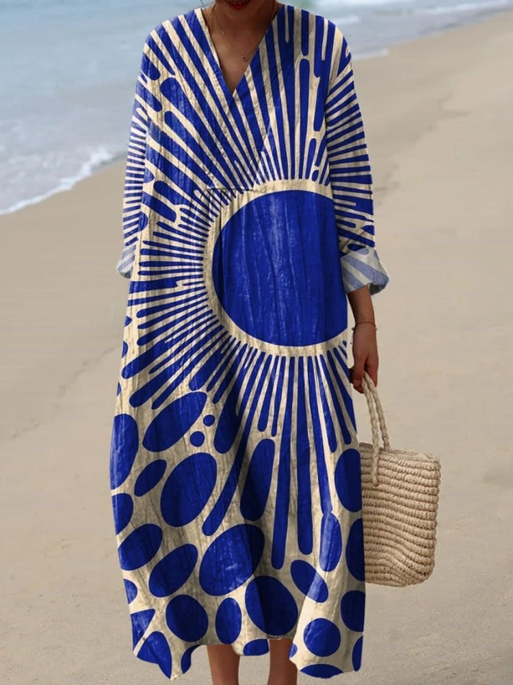 Rétro Boho Floral Imprimé Large Col En V Vintage Lâche Mi-longueur Manches Coton Midi Robe A / S Robes