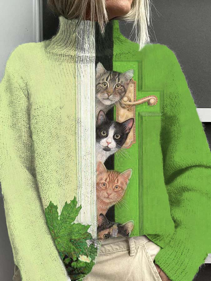 Pull à col roulé décontracté chaud motif amusant de chat de porte ouverte pour femmes Vert / S Pull