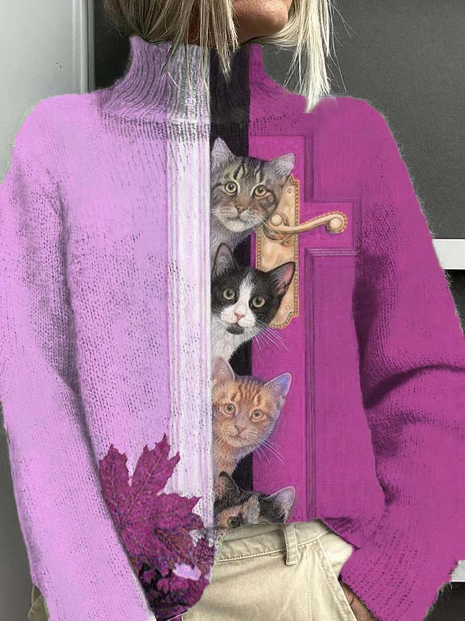 Pull à col roulé décontracté chaud motif amusant de chat de porte ouverte pour femmes Pourpr / S Pull
