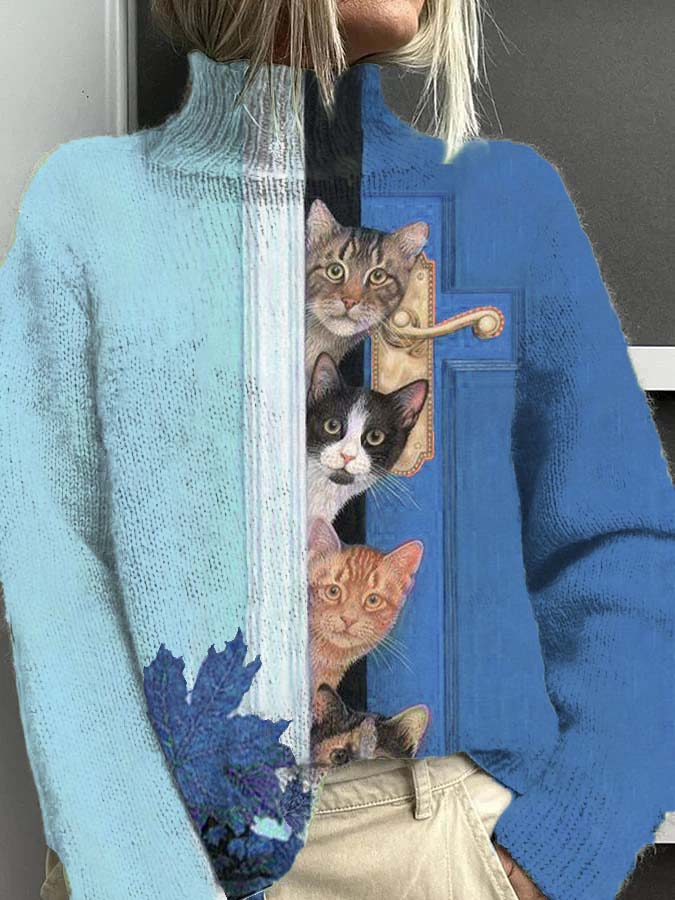 Pull à col roulé décontracté chaud motif amusant de chat de porte ouverte pour femmes Bleu / S Pull
