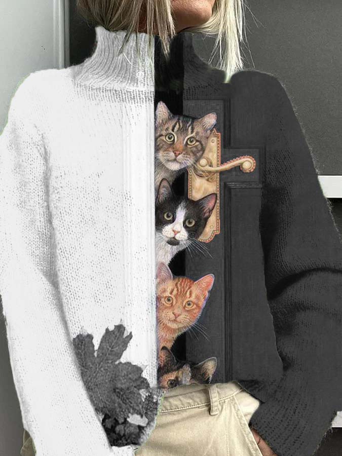 Pull à col roulé décontracté chaud motif amusant de chat de porte ouverte pour femmes Noir et blanc / S Pull