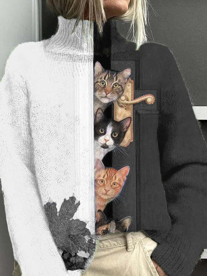 Pull à col roulé décontracté chaud motif amusant de chat de porte ouverte pour femmes Noir et blanc / S Pull