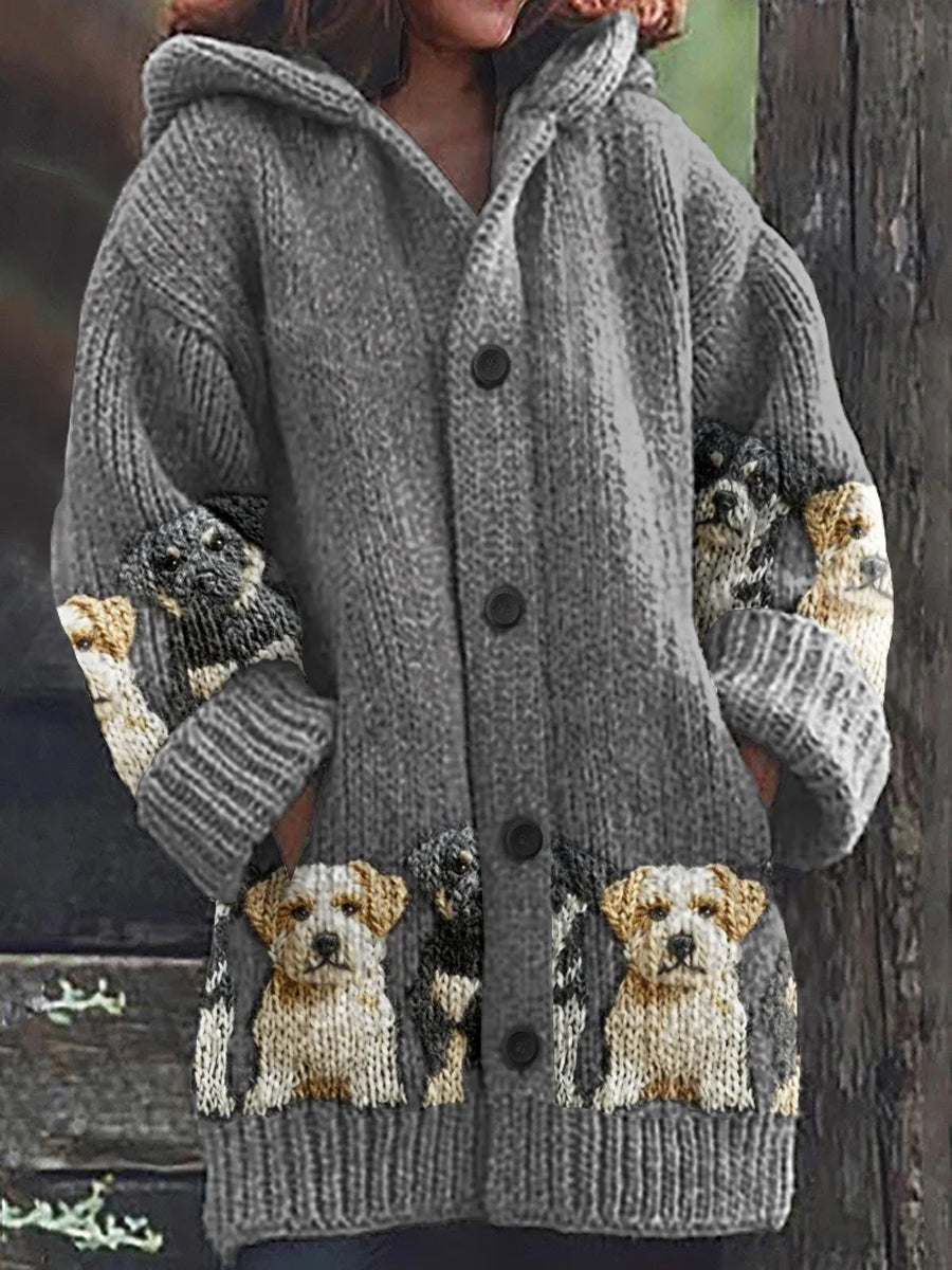Rétro mignon Pet Print Button Up épais chandail à capuchon à manches longues Cardigan D / S Veste