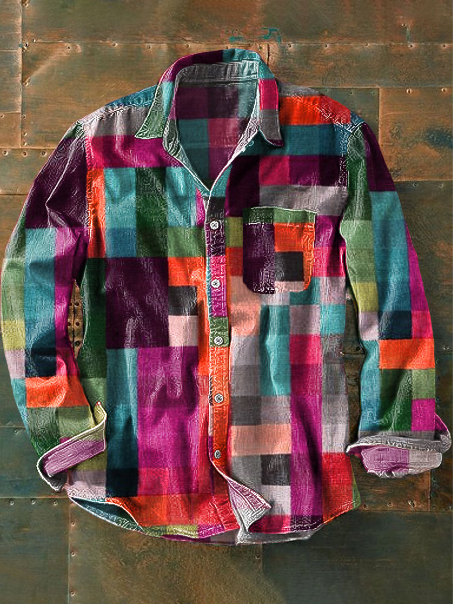 Chemise de poche à manches longues à revers imprimée vintage unisexe simple couleur arc-en-ciel rose / S Chemises