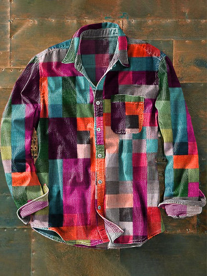 Chemise de poche à manches longues à revers imprimée vintage unisexe simple couleur arc-en-ciel rose / S Chemises