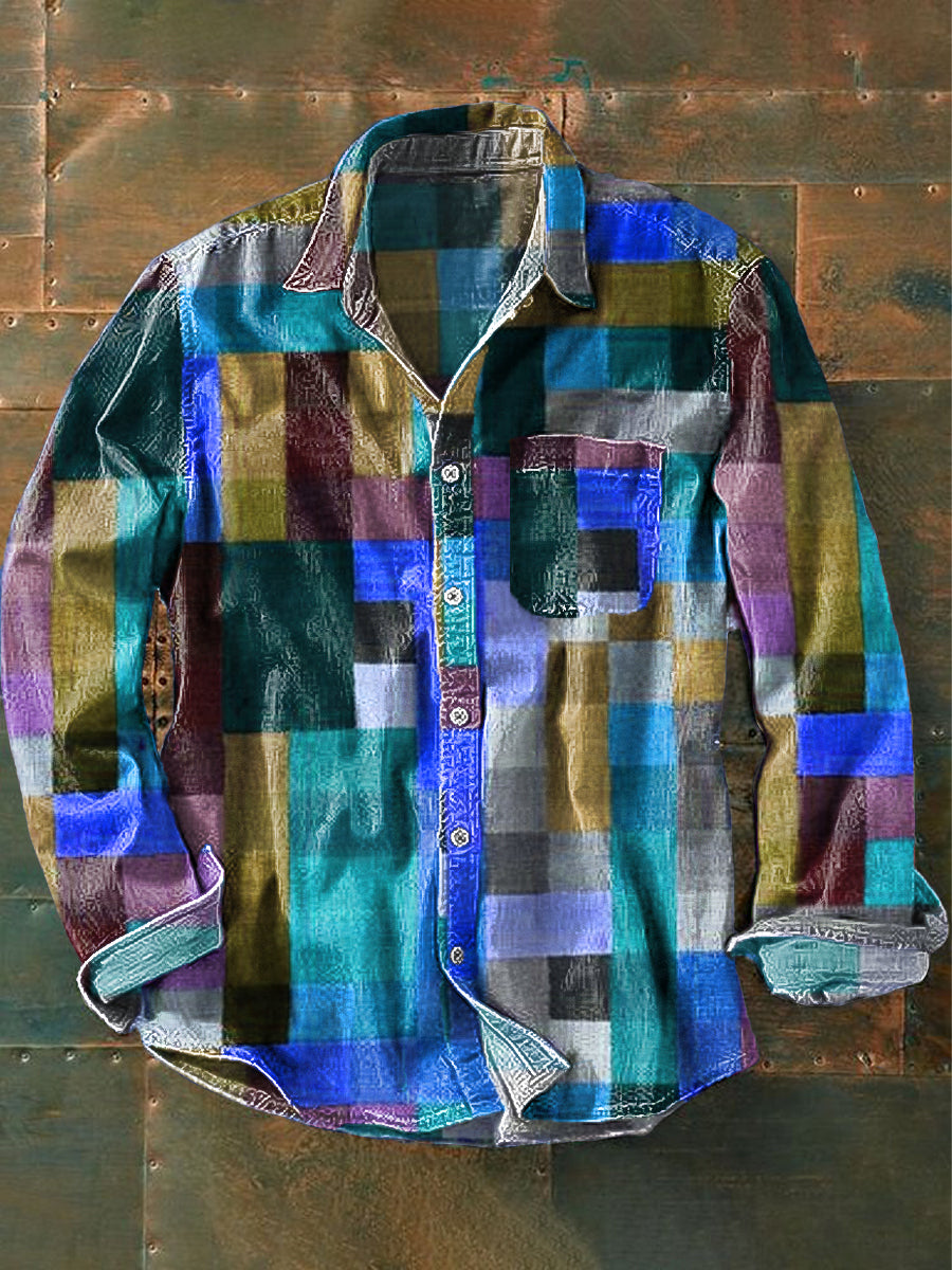 Chemise de poche à manches longues à revers imprimée vintage unisexe simple couleur arc-en-ciel bleu / S Chemises