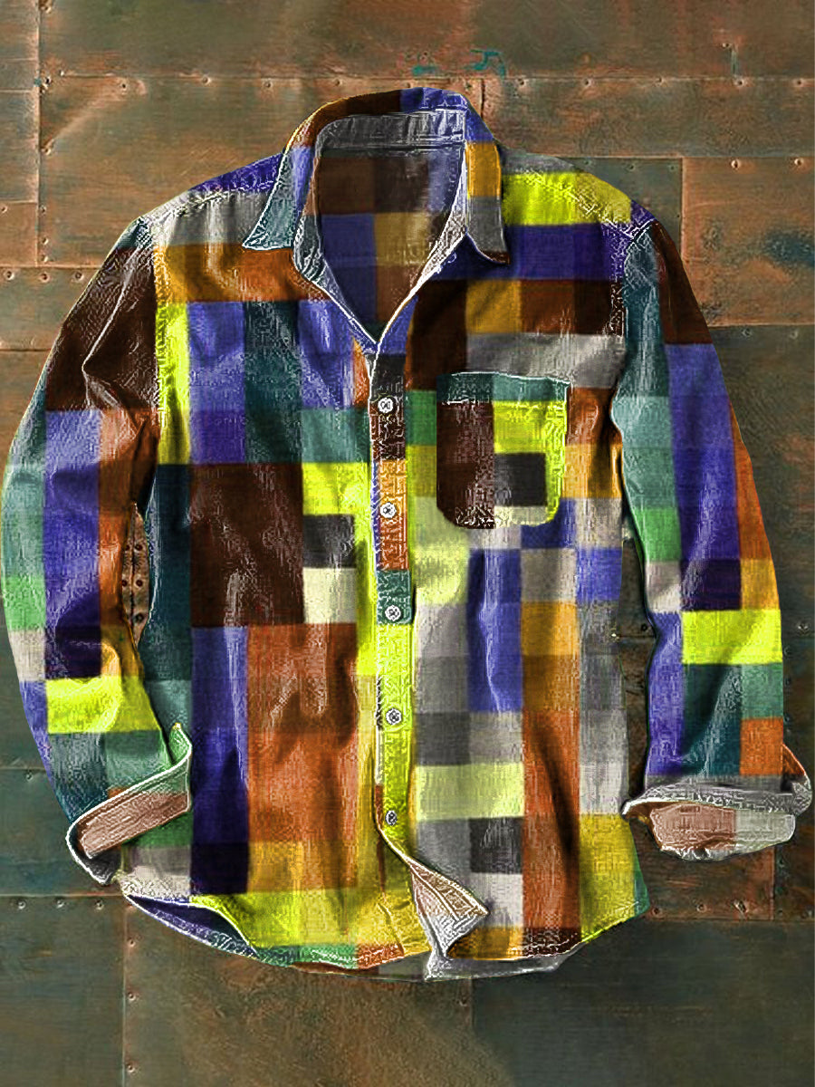 Chemise de poche à manches longues à revers imprimée vintage unisexe simple couleur arc-en-ciel jaune / S Chemises