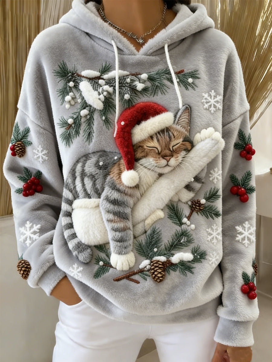 Mignon de Noël Cat Art Print Casual Flanelle Hoodie des femmes