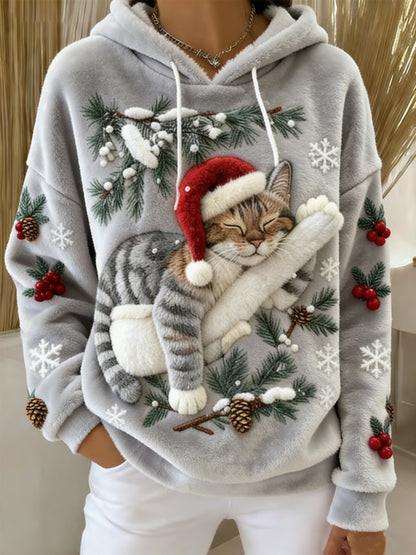 Mignon de Noël Cat Art Print Casual Flanelle Hoodie des femmes