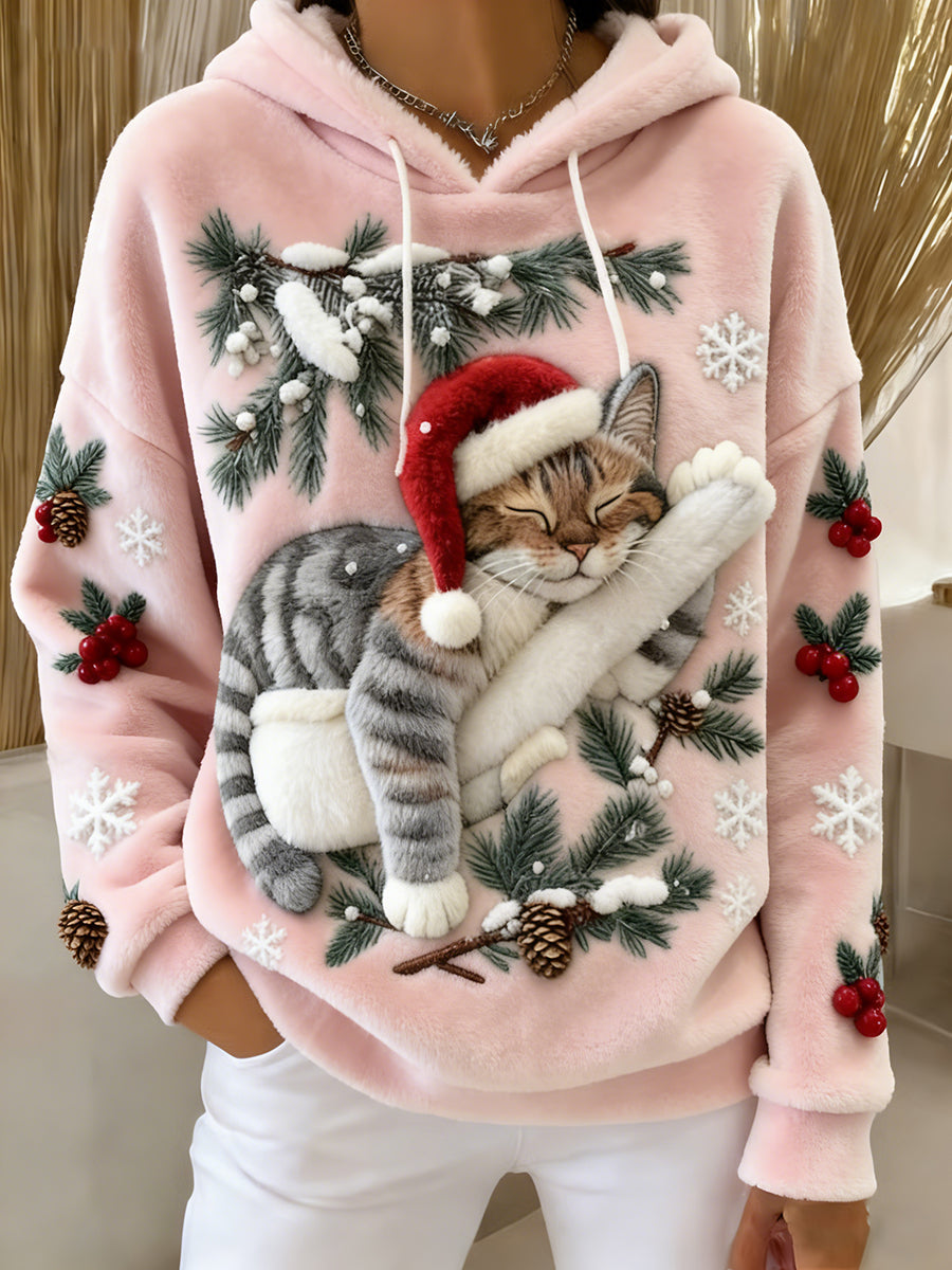 Mignon de Noël Cat Art Print Casual Flanelle Hoodie des femmes