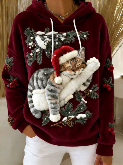 Mignon de Noël Cat Art Print Casual Flanelle Hoodie des femmes