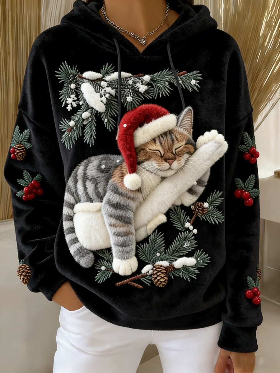 Mignon de Noël Cat Art Print Casual Flanelle Hoodie des femmes
