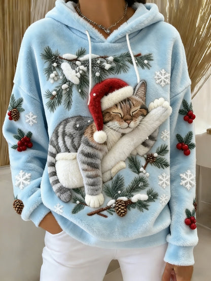 Mignon de Noël Cat Art Print Casual Flanelle Hoodie des femmes