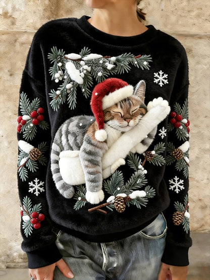 Mignon de Noël Cat Art Print Casual Flanelle Hoodie des femmes