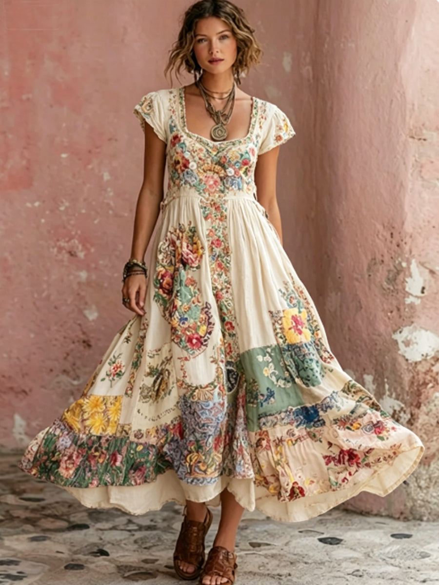 Bohème Floral Broderie Art col rond manches courtes Midi robe femmes