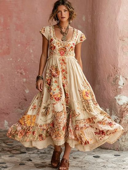 Bohème Floral Broderie Art col rond manches courtes Midi robe femmes