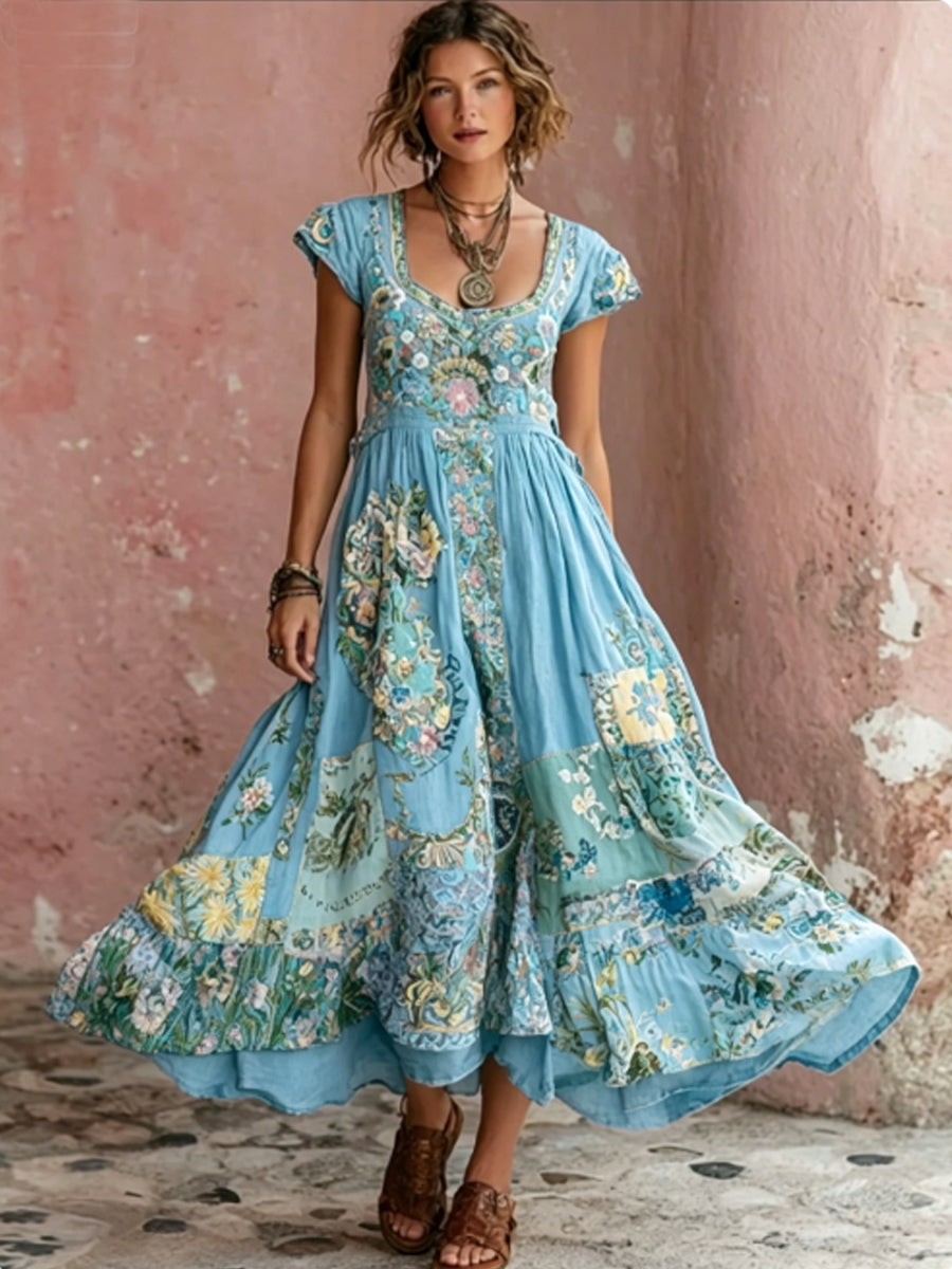 Bohème Floral Broderie Art col rond manches courtes Midi robe femmes
