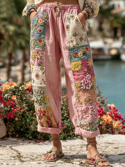 Les femmes Bohème Floral Broderie Art Contraste Couleur Lin Mélange Pantalon Décontracté