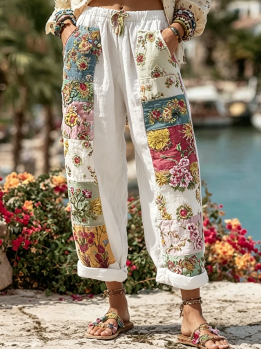 Les femmes Bohème Floral Broderie Art Contraste Couleur Lin Mélange Pantalon Décontracté