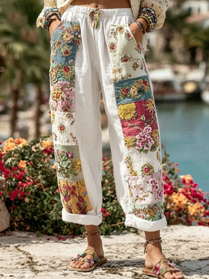 Les femmes Bohème Floral Broderie Art Contraste Couleur Lin Mélange Pantalon Décontracté