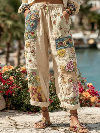 Les femmes Bohème Floral Broderie Art Contraste Couleur Lin Mélange Pantalon Décontracté