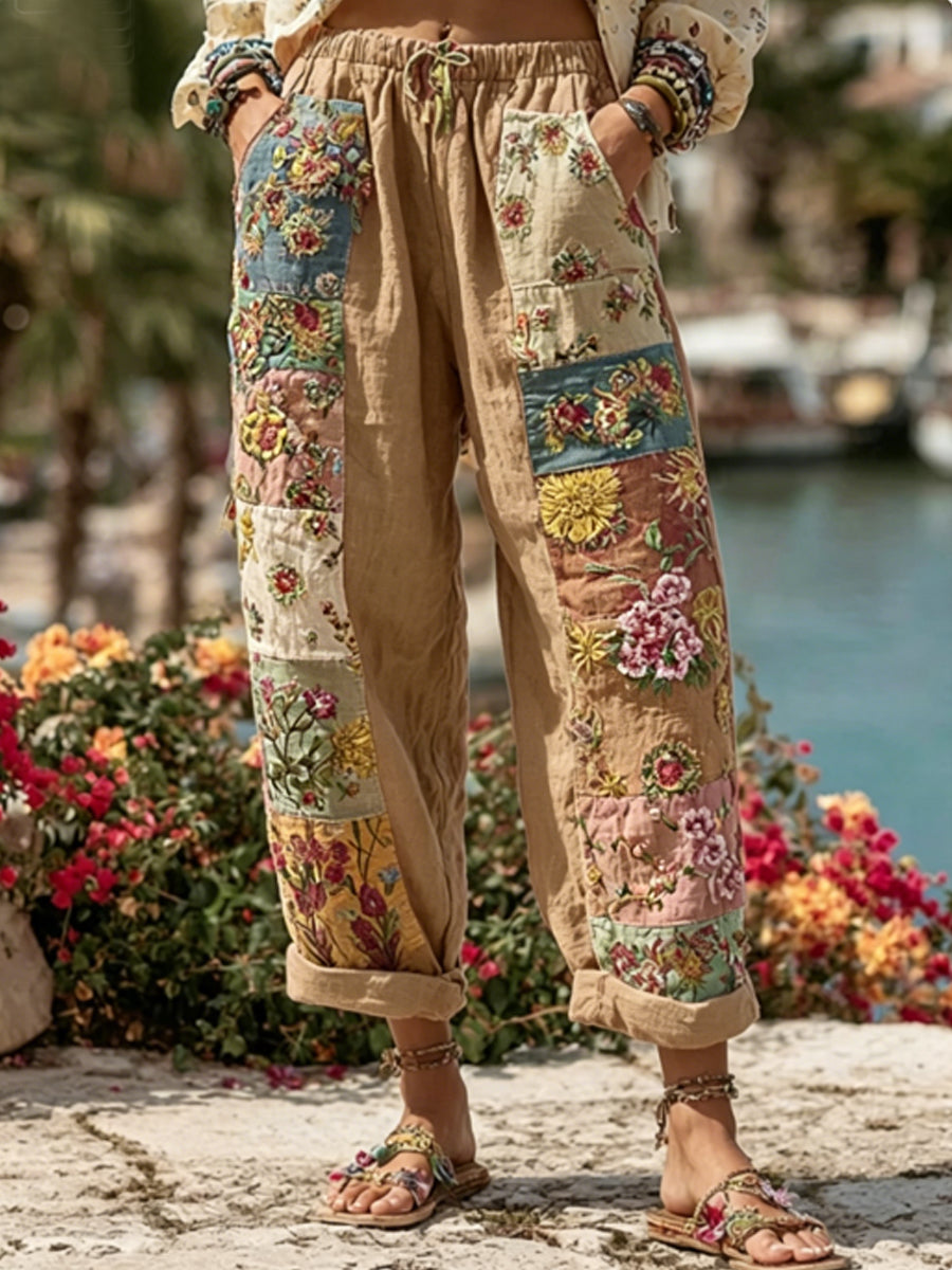 Les femmes Bohème Floral Broderie Art Contraste Couleur Lin Mélange Pantalon Décontracté