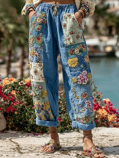 Les femmes Bohème Floral Broderie Art Contraste Couleur Lin Mélange Pantalon Décontracté