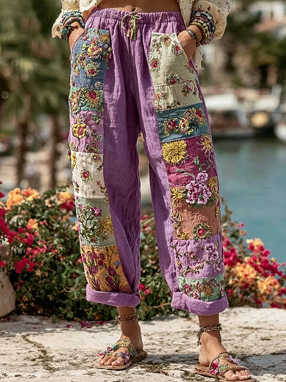 Les femmes Bohème Floral Broderie Art Contraste Couleur Lin Mélange Pantalon Décontracté