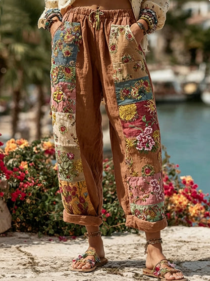 Les femmes Bohème Floral Broderie Art Contraste Couleur Lin Mélange Pantalon Décontracté
