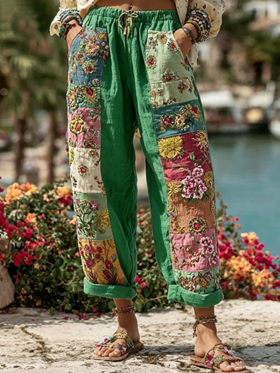 Les femmes Bohème Floral Broderie Art Contraste Couleur Lin Mélange Pantalon Décontracté