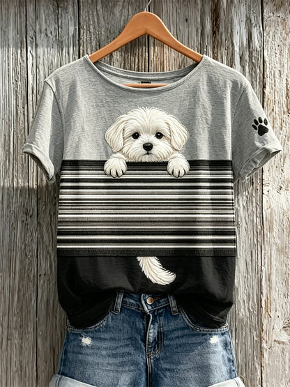 Peeking Maltese Dog Colorblock T-shirt Femme à manches courtes