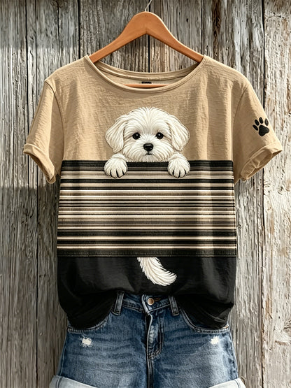 Peeking Maltese Dog Colorblock T-shirt Femme à manches courtes