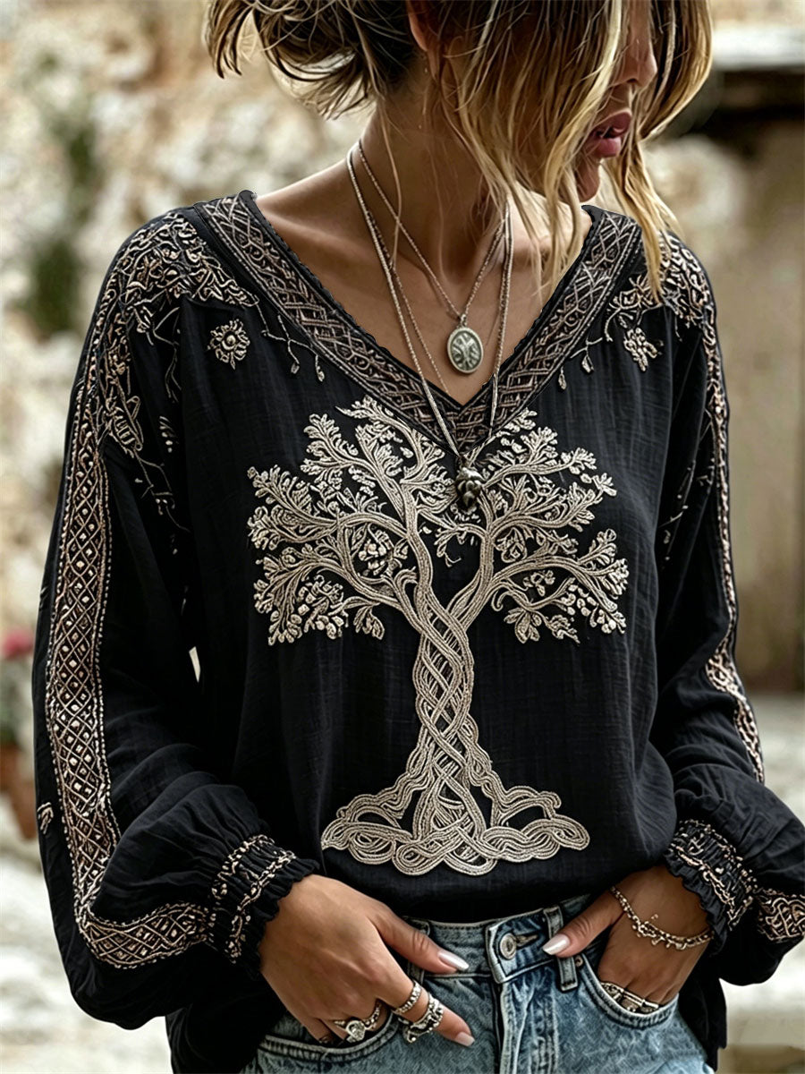 Chemise en coton-lin chic Viking Tree of Life Celtic Knot Print pour femme