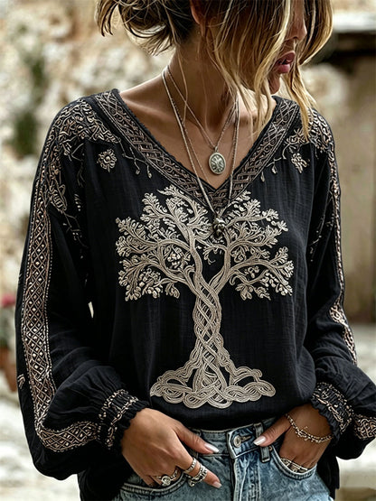 Chemise en coton-lin chic Viking Tree of Life Celtic Knot Print pour femme