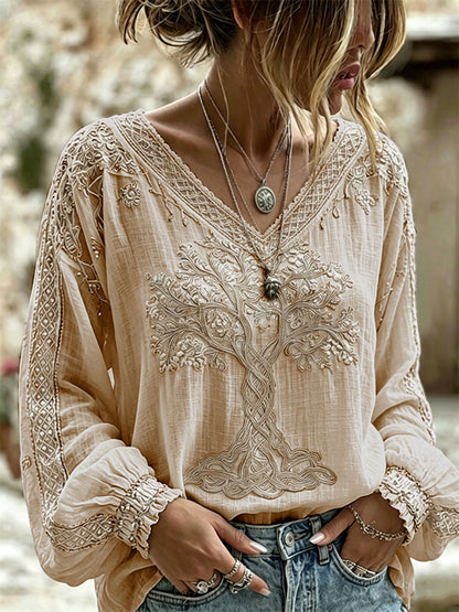 Chemise en coton-lin chic Viking Tree of Life Celtic Knot Print pour femme