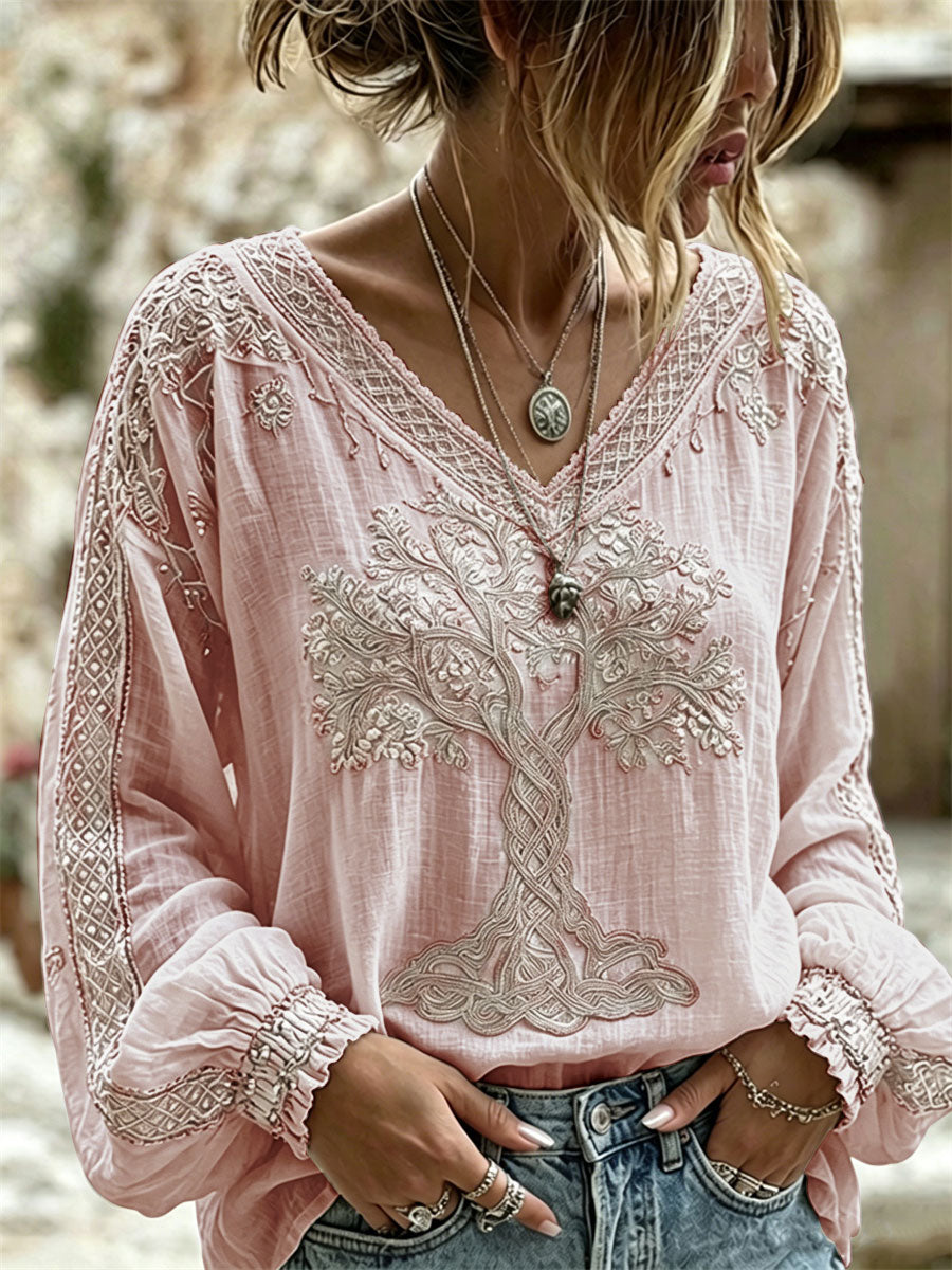 Chemise en coton-lin chic Viking Tree of Life Celtic Knot Print pour femme