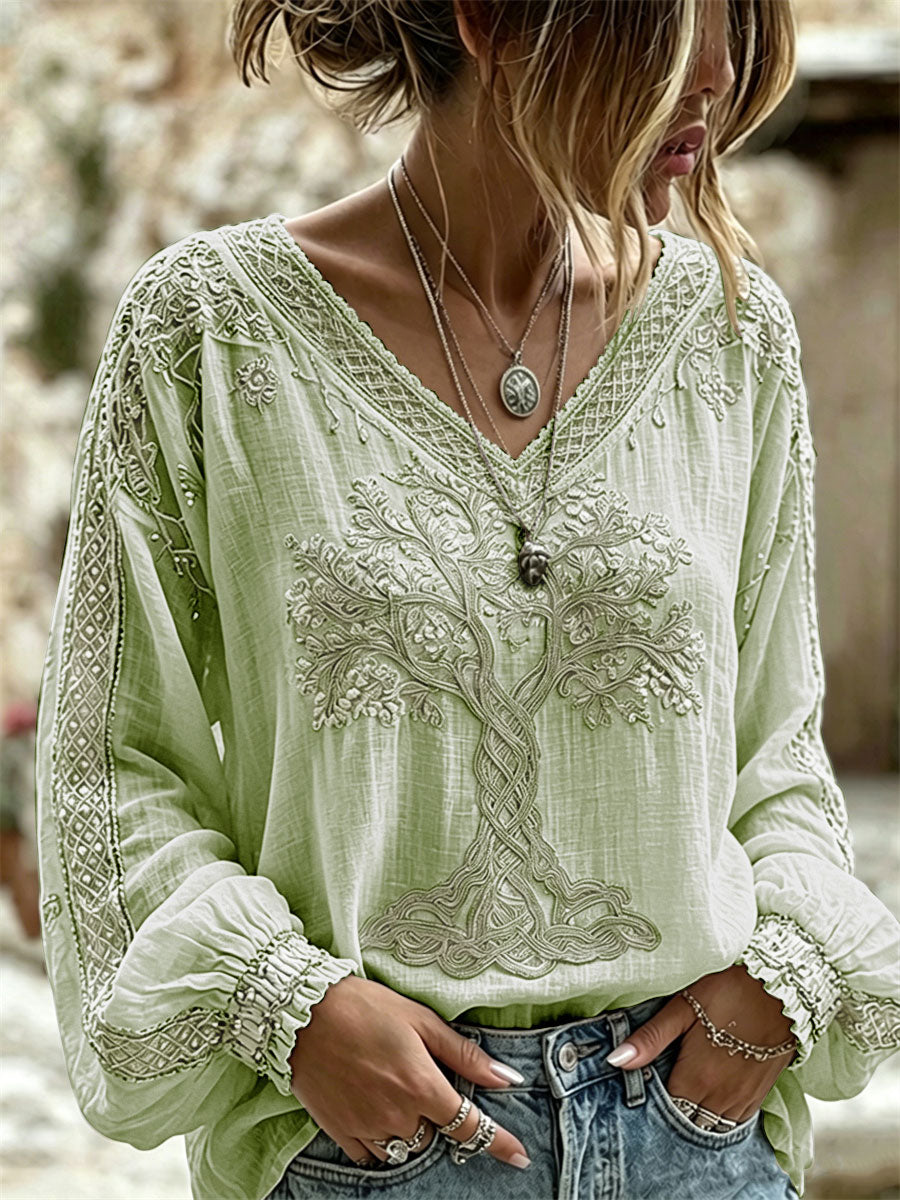 Chemise en coton-lin chic Viking Tree of Life Celtic Knot Print pour femme