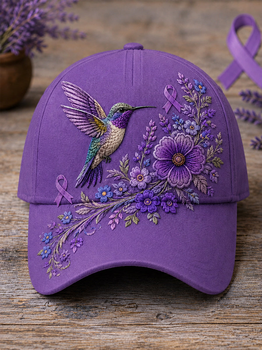 Chapeau de soutien à la sensibilisation à la maladie d’Alzheimer, unisexe, imprimé floral violet et colibri