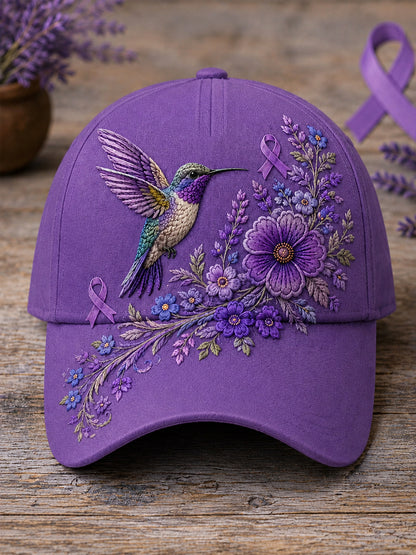 Chapeau de soutien à la sensibilisation à la maladie d’Alzheimer, unisexe, imprimé floral violet et colibri