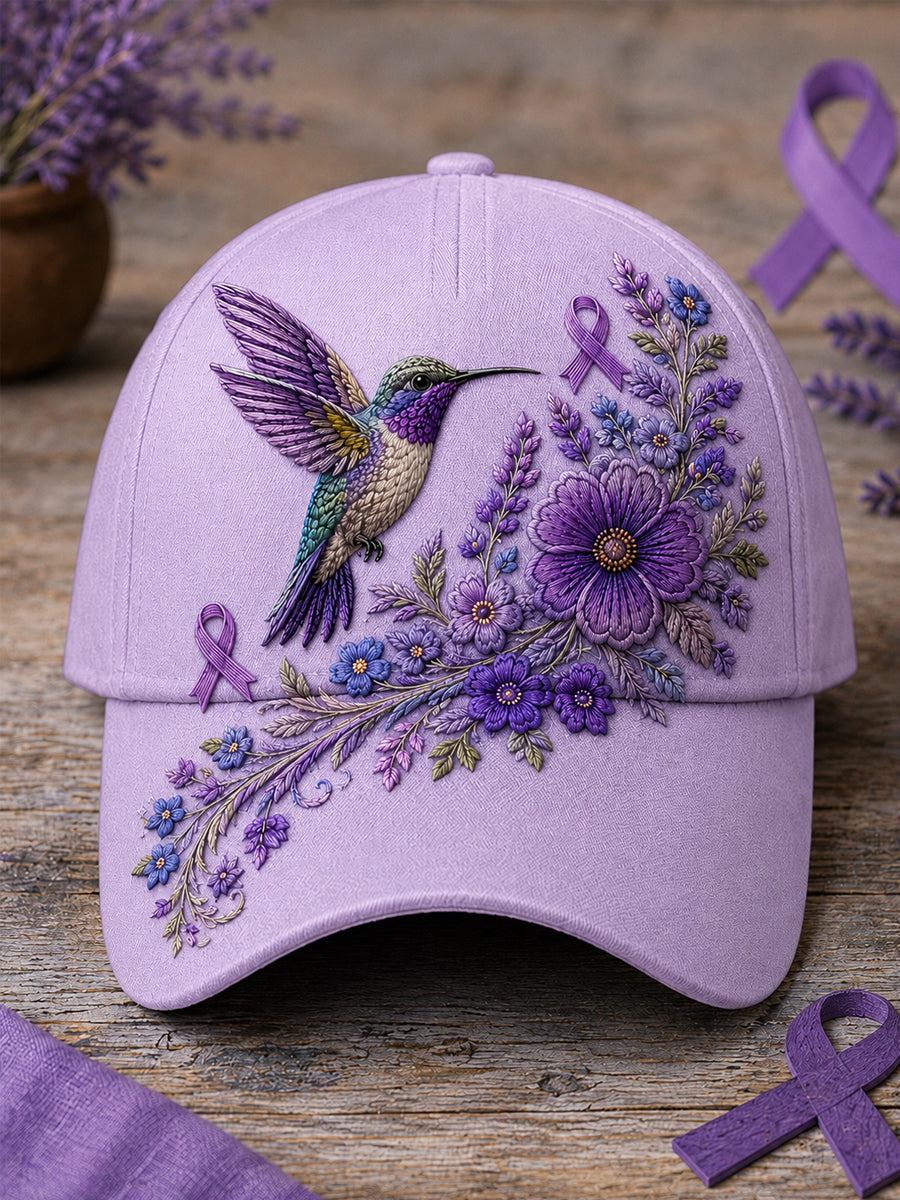 Chapeau de soutien à la sensibilisation à la maladie d’Alzheimer, unisexe, imprimé floral violet et colibri