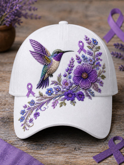 Chapeau de soutien à la sensibilisation à la maladie d’Alzheimer, unisexe, imprimé floral violet et colibri
