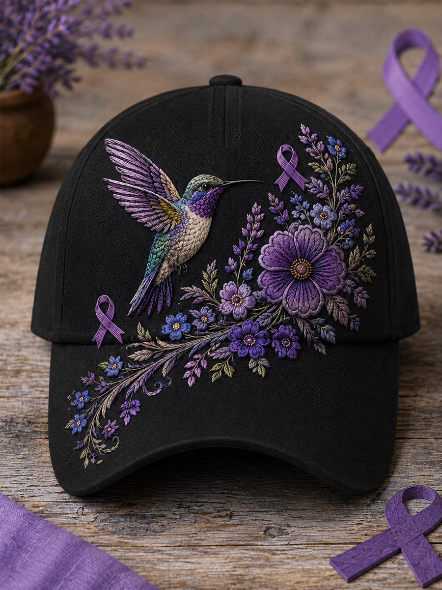 Chapeau de soutien à la sensibilisation à la maladie d’Alzheimer, unisexe, imprimé floral violet et colibri