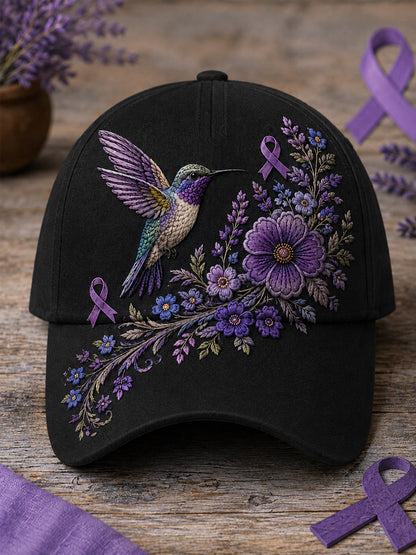 Chapeau de soutien à la sensibilisation à la maladie d’Alzheimer, unisexe, imprimé floral violet et colibri