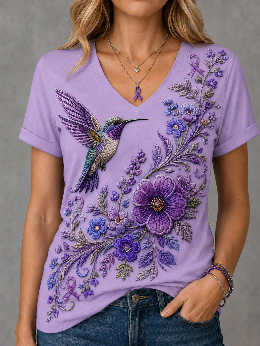 T-shirt à col en V pour femmes, imprimé floral violet et colibris, en soutien à la sensibilisation à la maladie d’Alzheimer