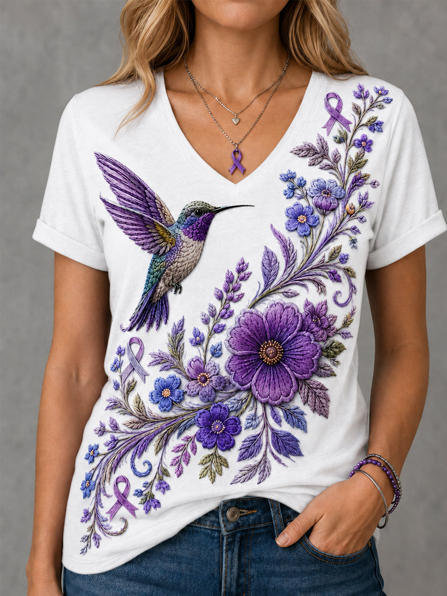 T-shirt à col en V pour femmes, imprimé floral violet et colibris, en soutien à la sensibilisation à la maladie d’Alzheimer