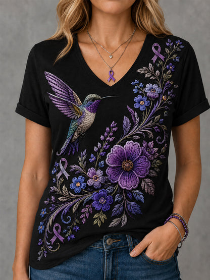 T-shirt à col en V pour femmes, imprimé floral violet et colibris, en soutien à la sensibilisation à la maladie d’Alzheimer